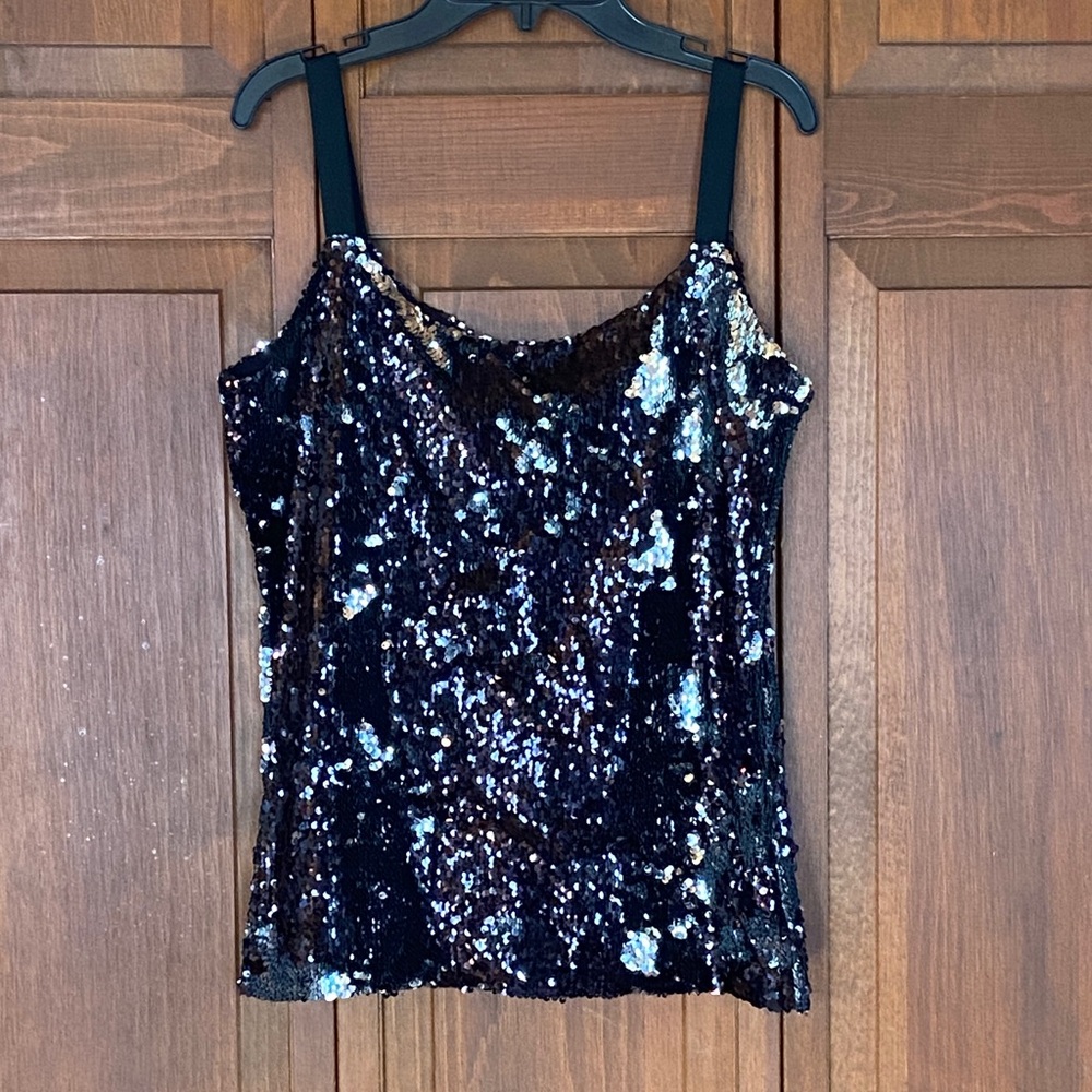 Black Sequin Tank Top with Silver Accents - Women's